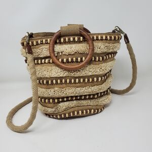 Lucky Brand Brown and tan Raffia Wooden top handle tote bag with crossbody strap